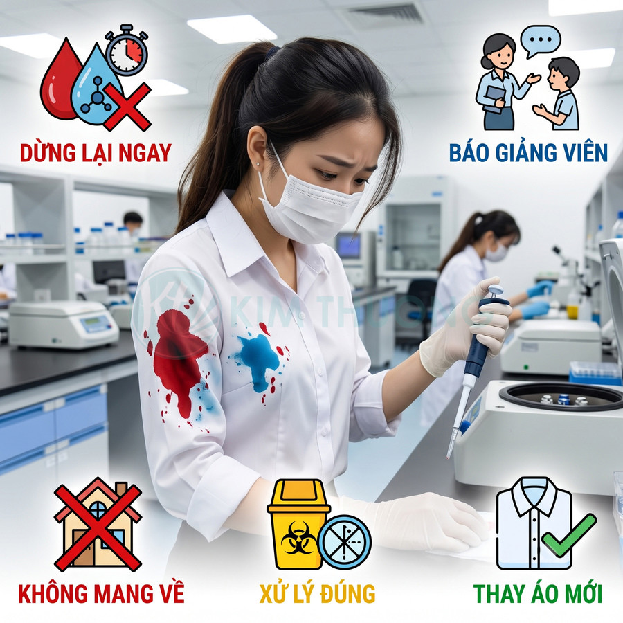 Kỹ thuật viên phòng thí nghiệm xử lý sự cố áo blouse dính hóa chất với hướng dẫn an toàn trực quan