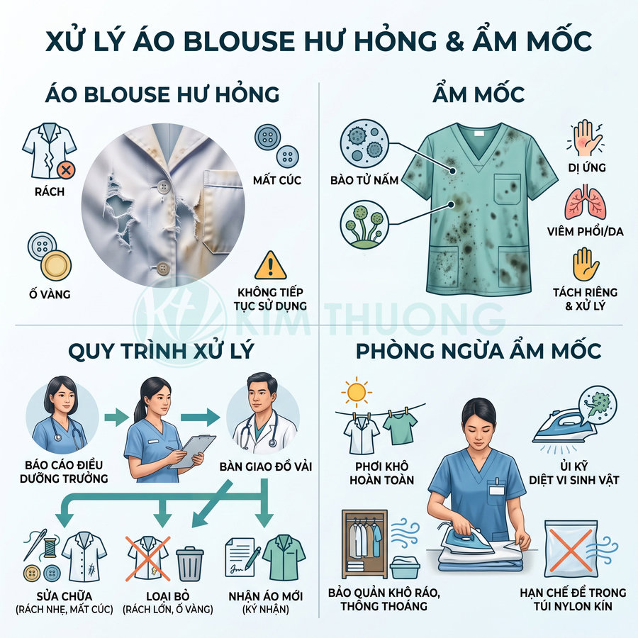 Hướng dẫn xử lý và phòng ngừa áo blouse y tế bị hư hỏng, ố vàng, ẩm mốc cho nhân viên bệnh viện