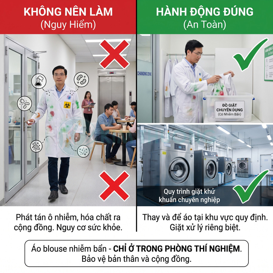 Áo blouse phòng thí nghiệm nhiễm bẩn cần được giặt riêng bằng quy trình khử khuẩn chuyên dụng