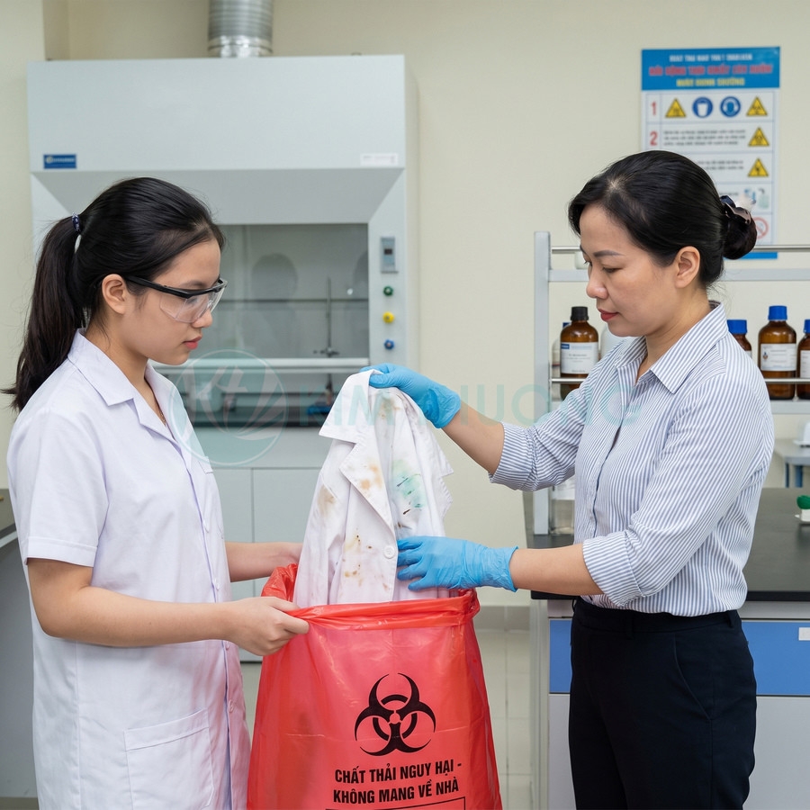 Nhân viên phòng thí nghiệm cho áo blouse bẩn vào túi đỏ đựng chất thải nguy hại sinh học