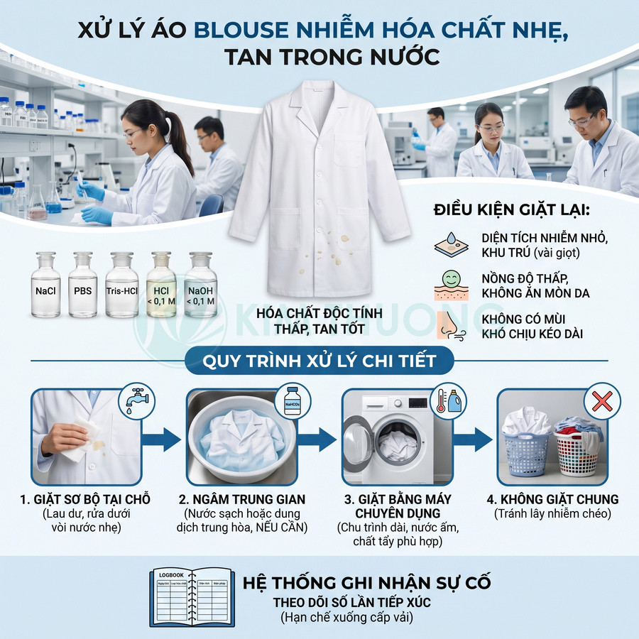 Áo blouse trắng nhiễm hóa chất nhẹ được giặt sơ tại chỗ, ngâm trung gian và giặt riêng bằng máy chuyên dụng