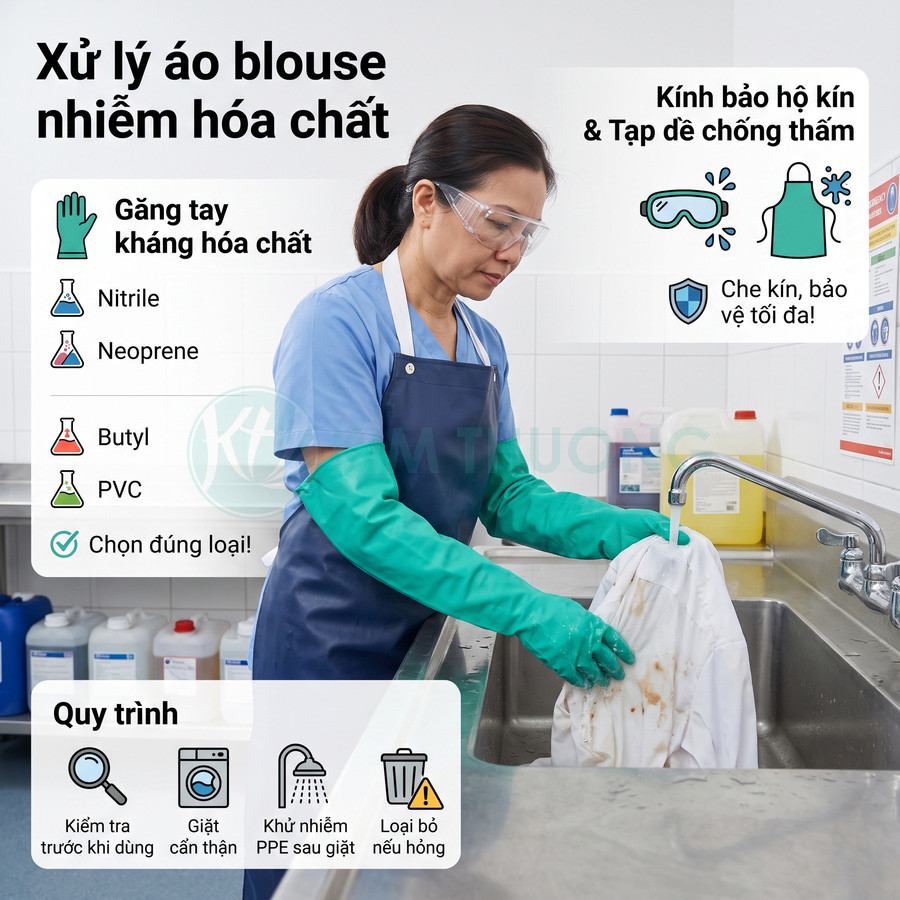 Găng tay chống hóa chất, kính bảo hộ và tạp dề chống thấm khi xử lý áo blouse nhiễm hóa chất