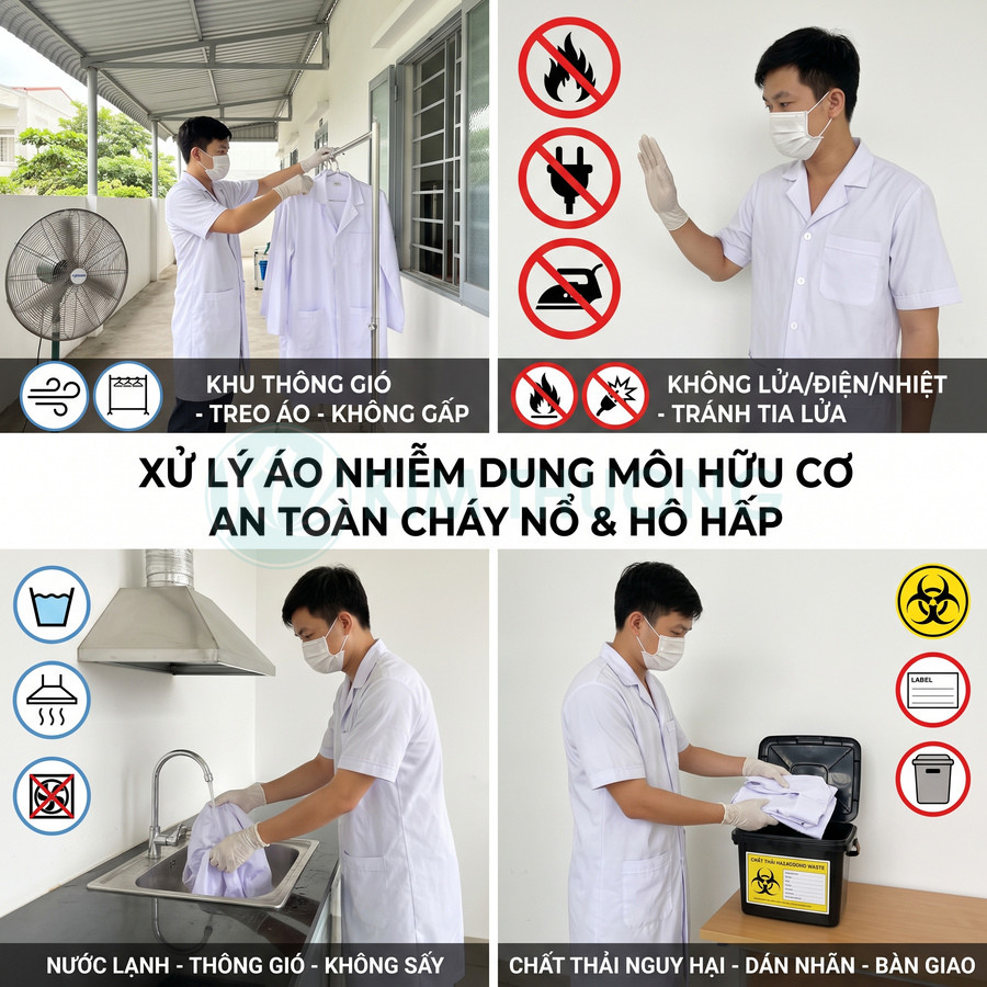Hướng dẫn xử lý áo blouse nhiễm dung môi hữu cơ an toàn bằng cách thông gió, giặt nước lạnh và bàn giao chất thải nguy hại
