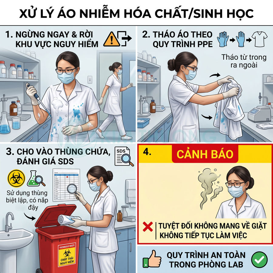 Quy trình xử lý áo blouse nhiễm hóa chất trong phòng thí nghiệm với thùng rác chất thải nguy hiểm
