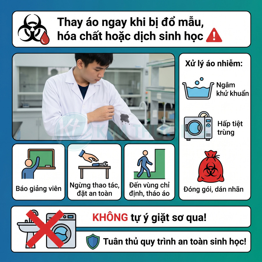 Áp phích hướng dẫn xử lý áo bảo hộ nhiễm hóa chất hoặc dịch sinh học, từ thay áo đến khử khuẩn và tiệt trùng.