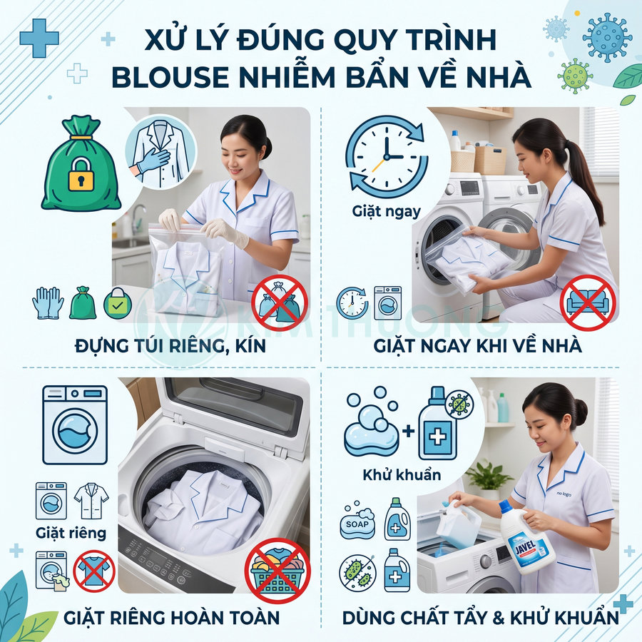 Hướng dẫn giặt riêng và khử khuẩn áo blouse y tế bẩn bằng máy giặt và dung dịch tẩy rửa
