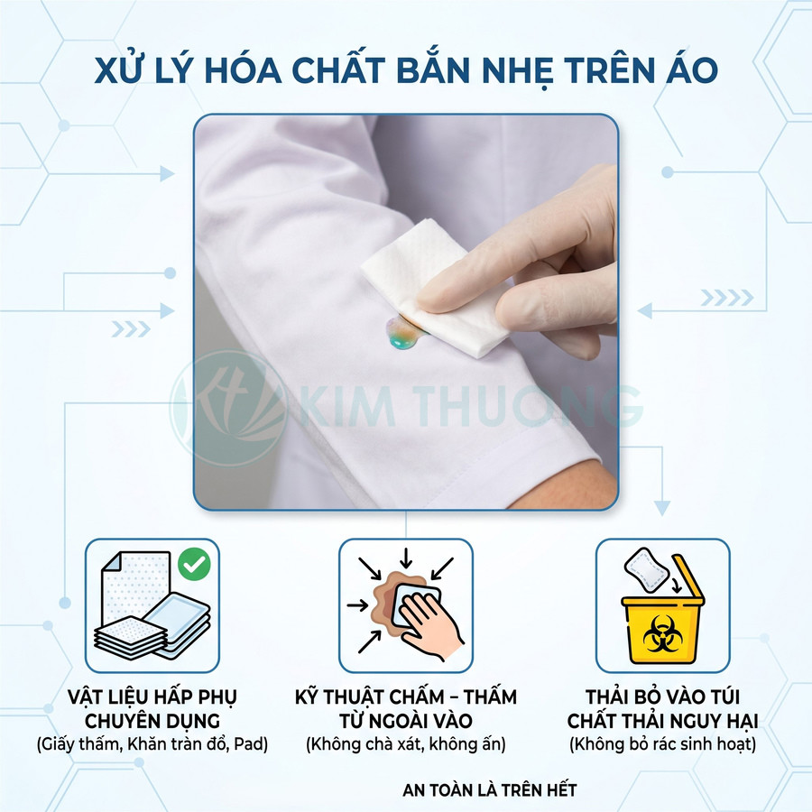 Dùng giấy thấm xử lý hóa chất bắn nhẹ trên áo bằng cách chấm thấm, sau đó bỏ vào túi chất thải nguy hại