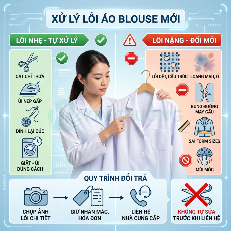 Hướng dẫn xử lý lỗi áo blouse trắng mới và quy trình đổi trả sản phẩm chi tiết