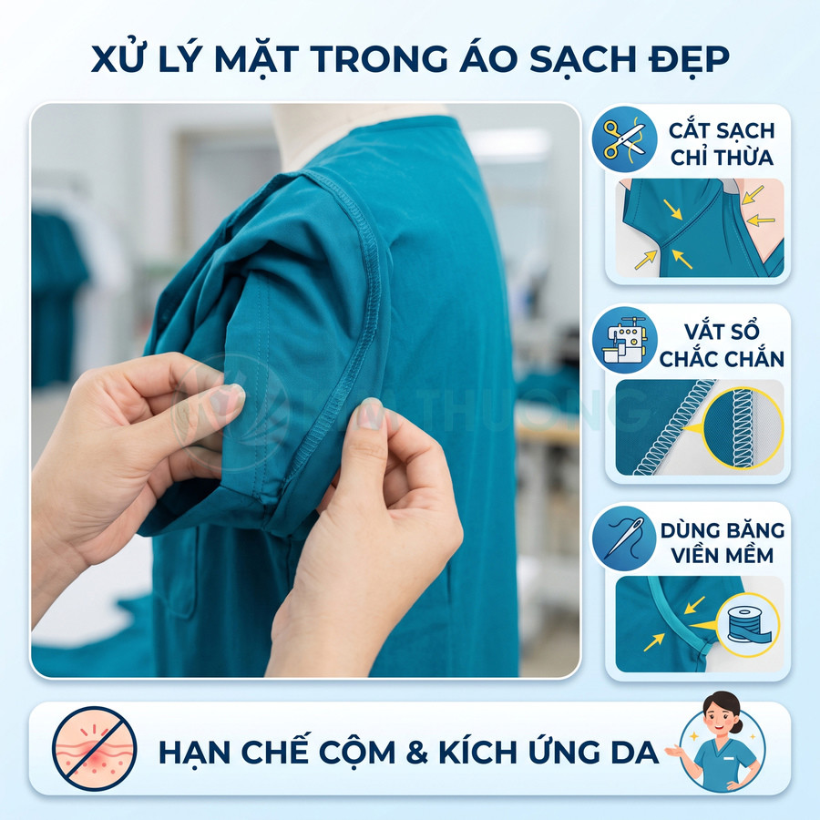 Áo thun màu xanh được xử lý mặt trong sạch đẹp, đường may gọn gàng hạn chế cộm và kích ứng da