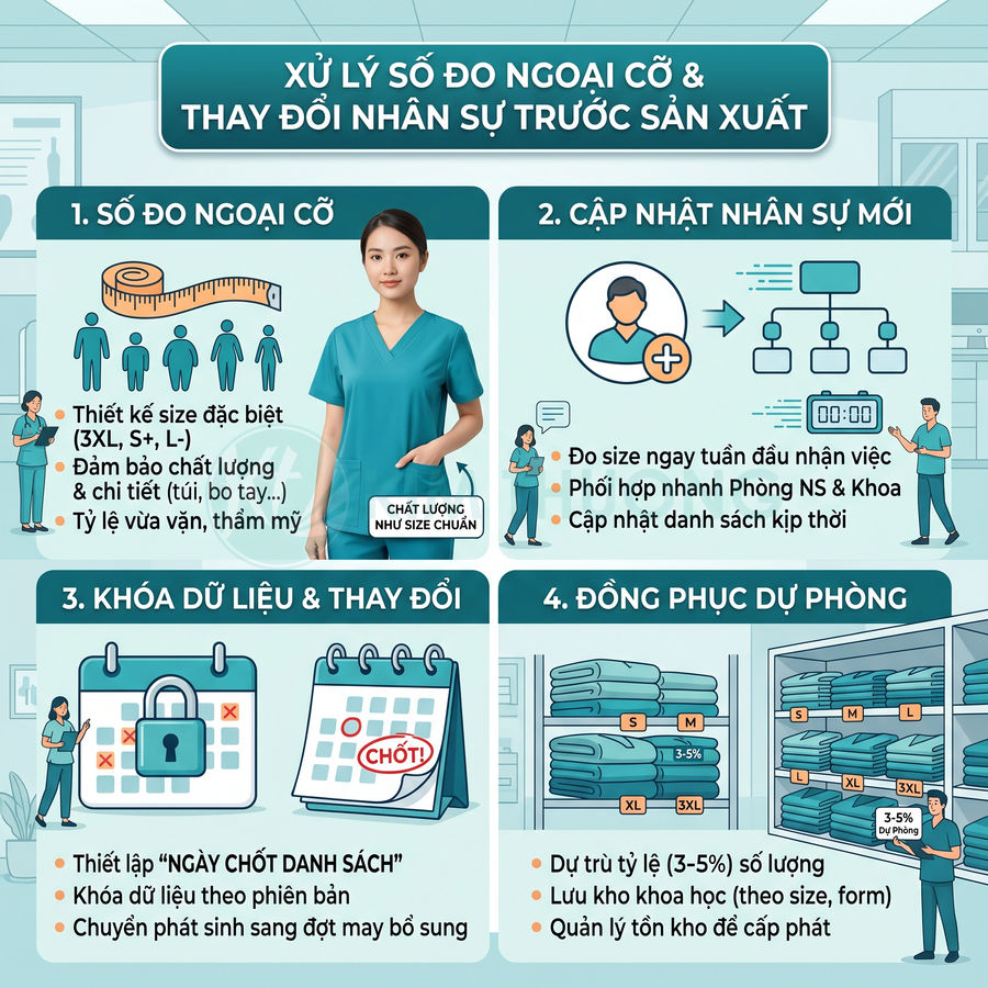 Infographic quy trình xử lý số đo và thay đổi nhân sự trước sản xuất đồng phục y tế màu xanh