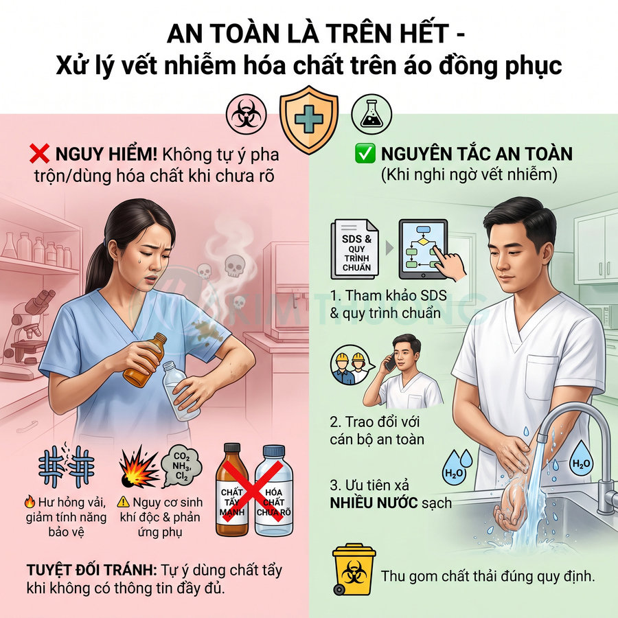 Hướng dẫn an toàn xử lý vết nhiễm hóa chất trên áo đồng phục, ưu tiên xả nhiều nước sạch và thu gom chất thải đúng quy định