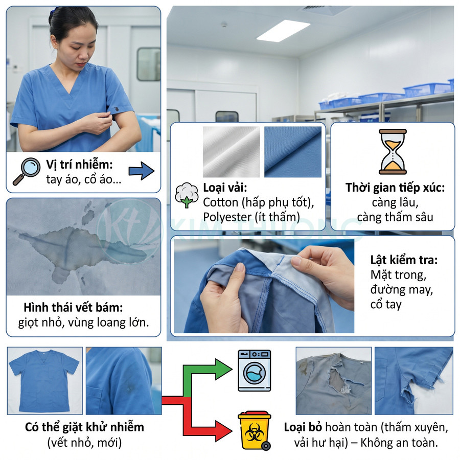 Đồng phục y tế màu xanh bị nhiễm bẩn, hướng dẫn kiểm tra vết thấm và giặt hoặc loại bỏ tùy mức độ hư hại