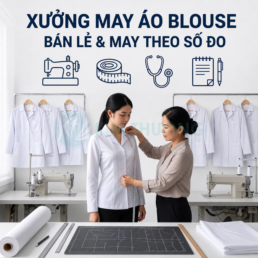 Thợ may đo áo blouse trắng cho nữ tại xưởng may áo blouse bán lẻ và may theo số đo