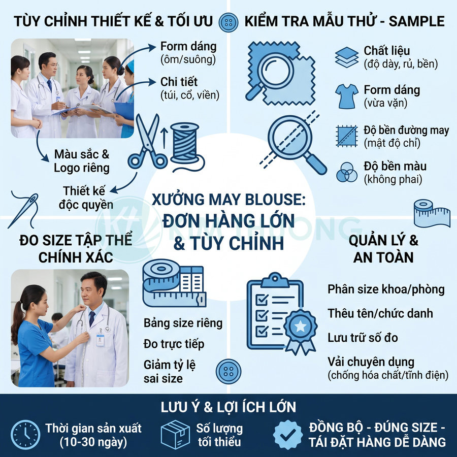 Dịch vụ may đồng phục blouse y tế số lượng lớn, tùy chỉnh thiết kế, đo size và kiểm tra chất lượng mẫu.