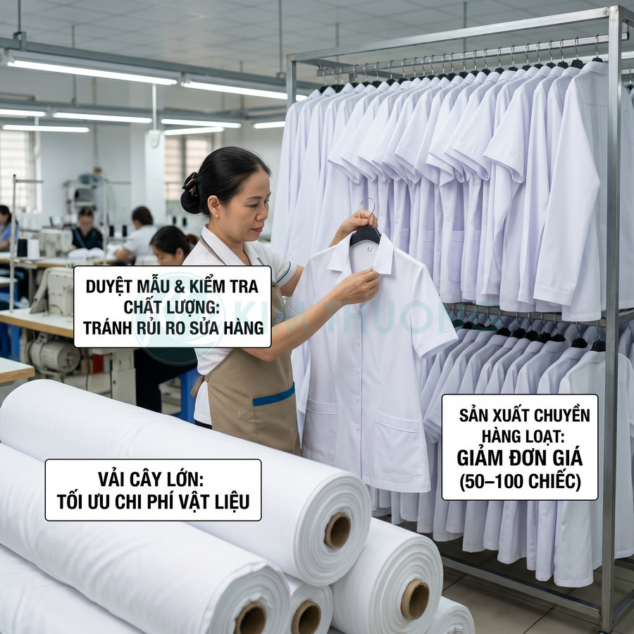Công nhân kiểm tra áo blouse trắng treo trên kệ trong xưởng may đồng phục y tế số lượng lớn