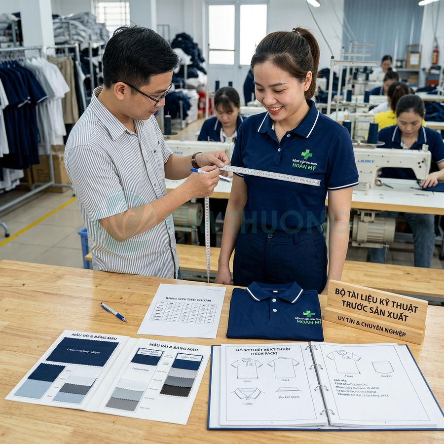 Nhân viên đo size áo thun đồng phục bệnh viện Hoàn Mỹ trong xưởng may với bộ tài liệu kỹ thuật trên bàn