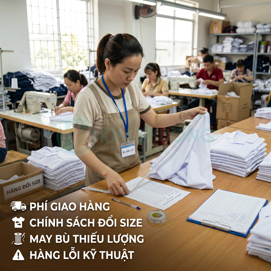 Nhân viên xưởng may đo kiểm tra áo sơ mi trắng thành phẩm với chính sách đổi size và xử lý hàng lỗi