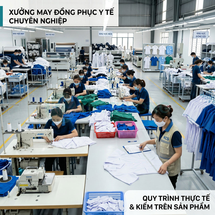 Xưởng may đồng phục y tế chuyên nghiệp với công nhân đang may và kiểm tra áo blouse, đồ phẫu thuật