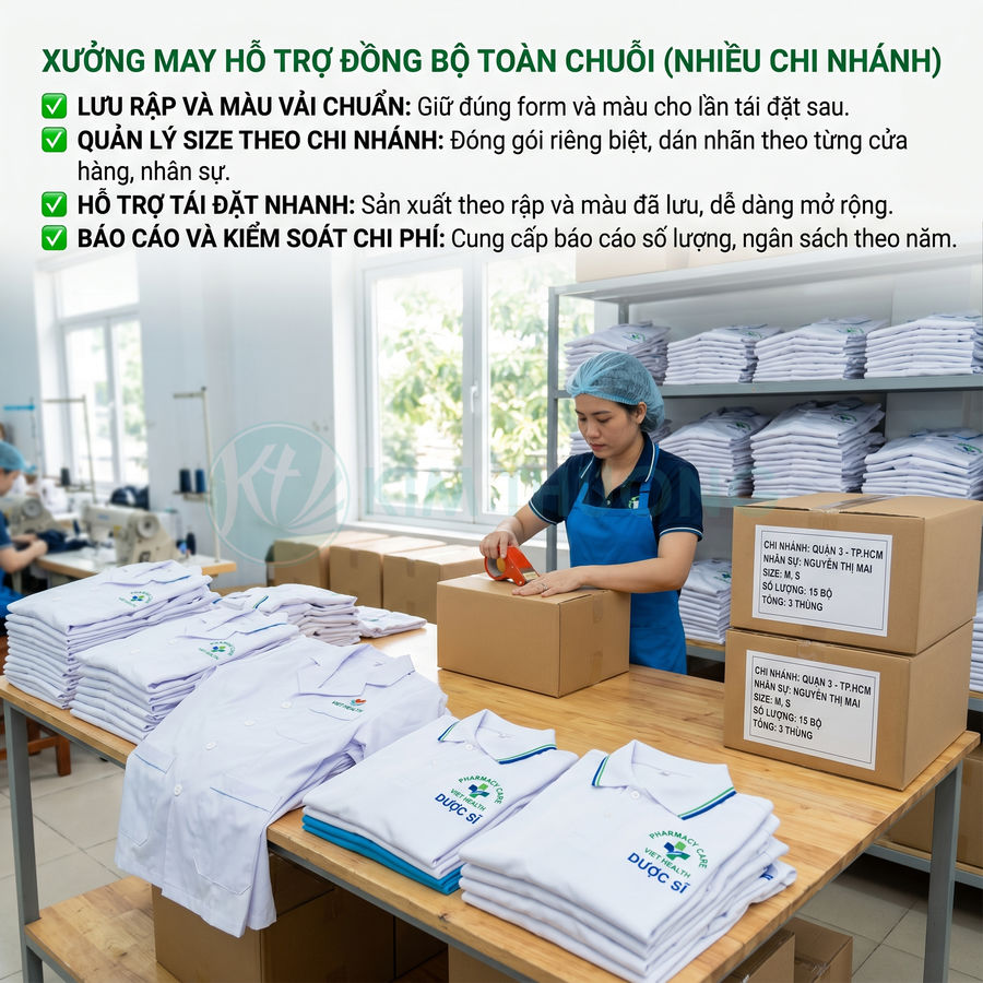 Xưởng may đồng phục dược sĩ gấp xếp áo trắng và đóng gói thùng carton để giao cho nhiều chi nhánh