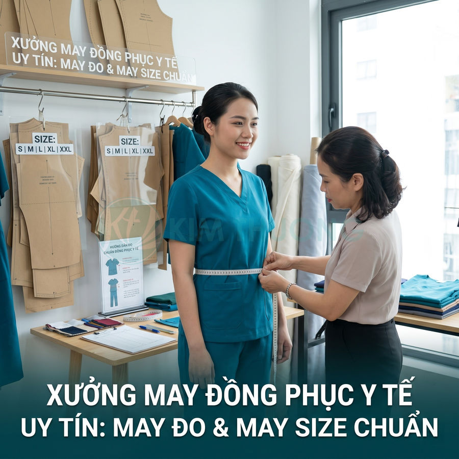 Đo may đồng phục y tế màu xanh cho nữ nhân viên tại xưởng may chuyên nghiệp