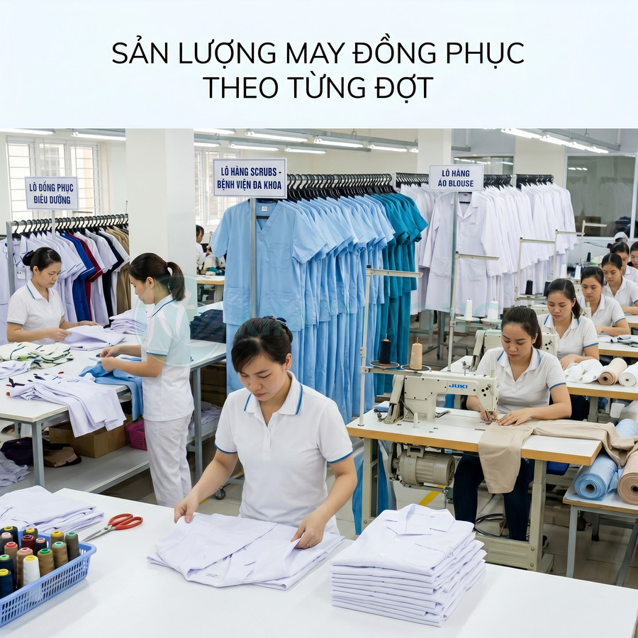 Xưởng may đồng phục y tế với công nhân đang may và gấp áo blouse, scrubs số lượng lớn
