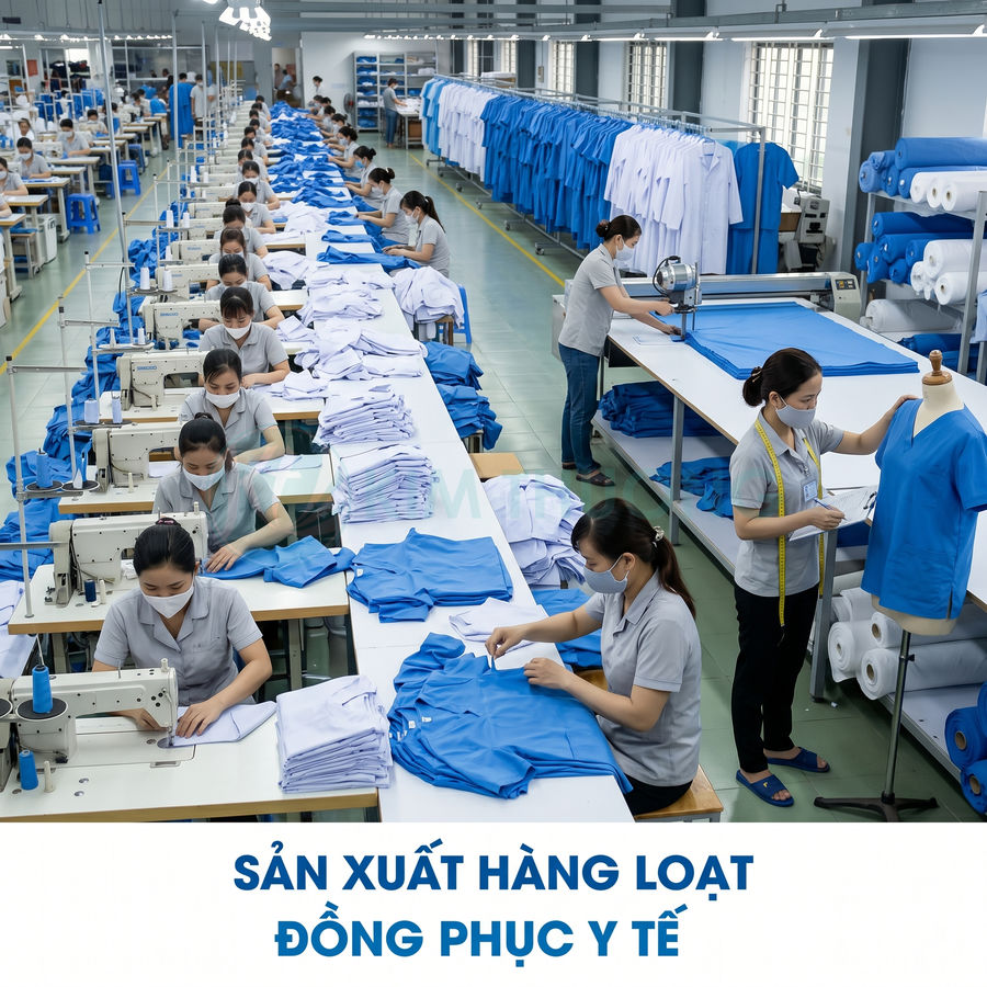 Công nhân may đo và sản xuất hàng loạt đồng phục y tế màu xanh trong xưởng may hiện đại