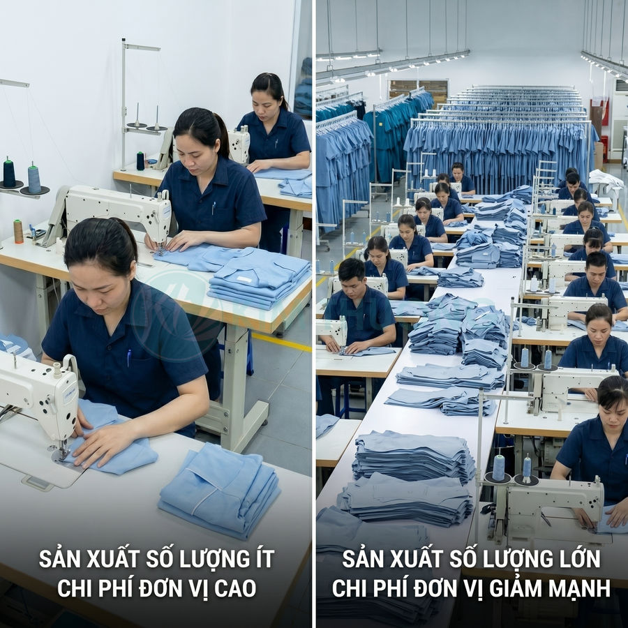 Công nhân may đồng phục màu xanh trong xưởng, so sánh sản xuất ít và sản xuất số lượng lớn giảm chi phí