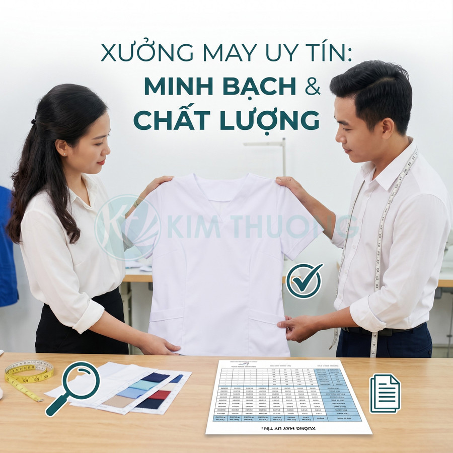 Hai nhân viên xưởng may kiểm tra áo đồng phục trắng, bảng thông số và mẫu vải trên bàn