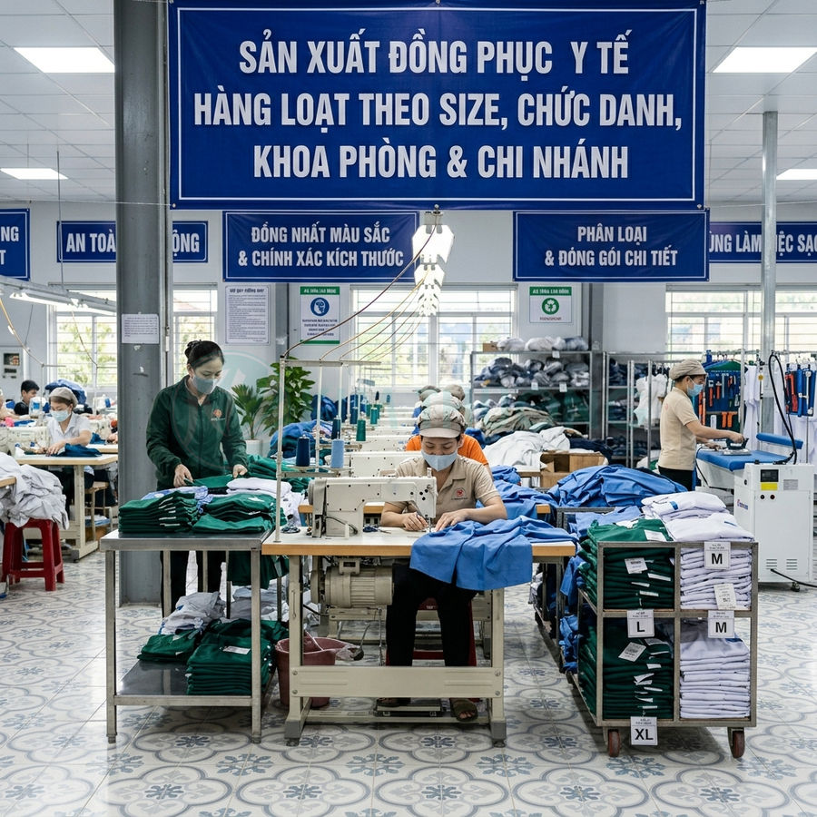 Công nhân may và phân loại đồng phục y tế theo size trong xưởng sản xuất hiện đại
