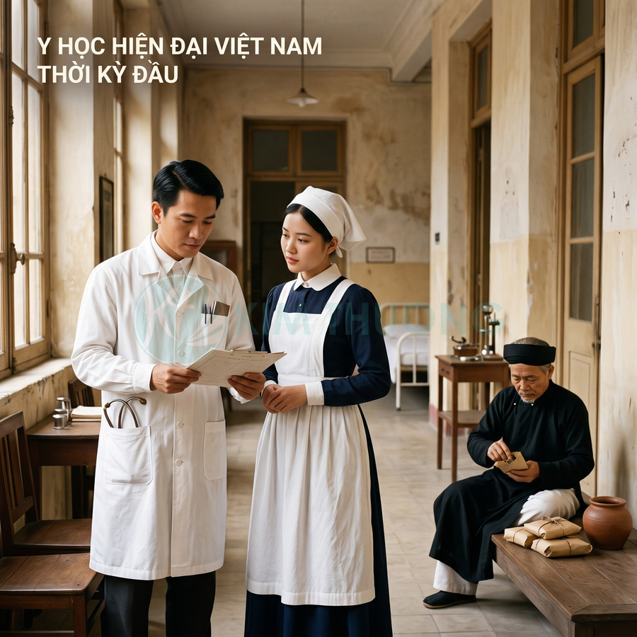 Bác sĩ và y tá Việt Nam thời kỳ đầu trao đổi hồ sơ bệnh án trong hành lang bệnh viện cổ