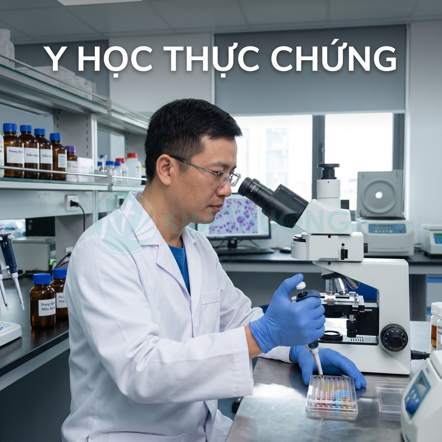 Bác sĩ xét nghiệm sử dụng kính hiển vi và micropipette trong phòng thí nghiệm y học thực chứng