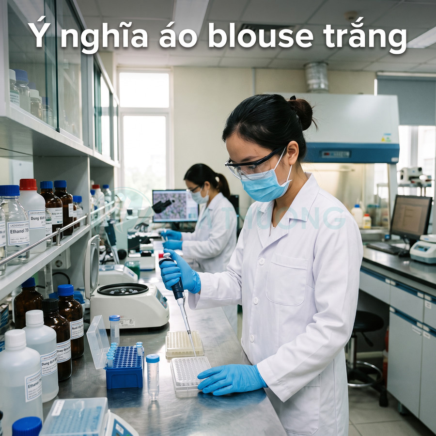 Nữ kỹ thuật viên mặc áo blouse trắng và găng tay xanh làm việc trong phòng thí nghiệm hiện đại