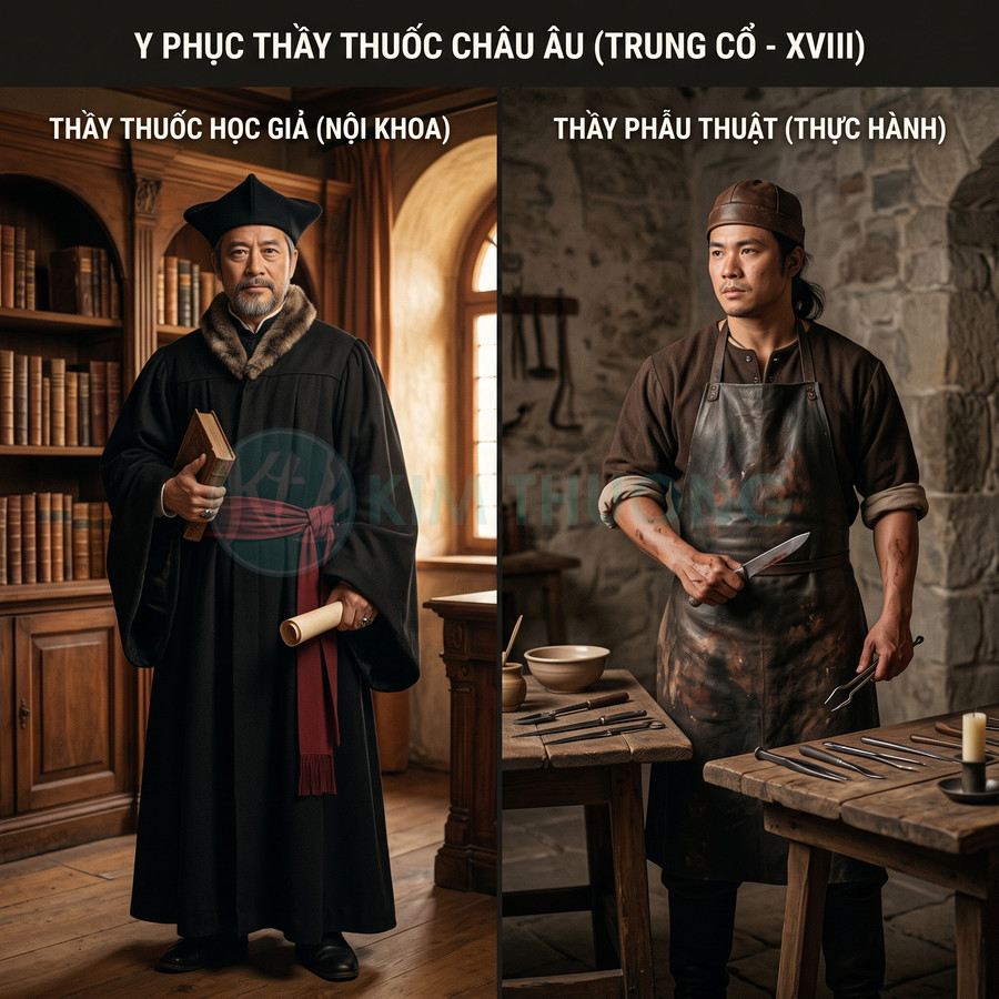 Trang phục thầy thuốc châu Âu trung cổ với thầy thuốc học giả và thầy phẫu thuật thực hành trong phòng làm việc