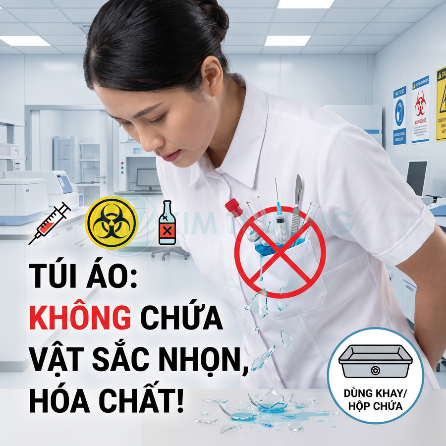 Nhân viên phòng thí nghiệm không để vật sắc nhọn hoặc hóa chất trong túi áo, dùng khay hoặc hộp chứa riêng.