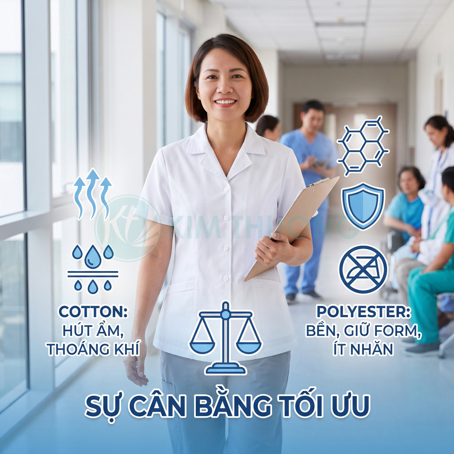 Đồng phục y tế màu trắng phối cotton và polyester, thoáng khí, bền form và ít nhăn