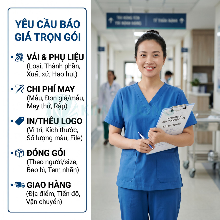 Nữ y tá mặc đồng phục bệnh viện màu xanh cầm hồ sơ báo giá trọn gói may đồng phục
