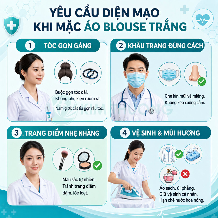 Hướng dẫn diện mạo cho nhân viên y tế khi mặc áo blouse trắng với tóc gọn gàng, khẩu trang đúng cách, trang điểm nhẹ, áo sạch
