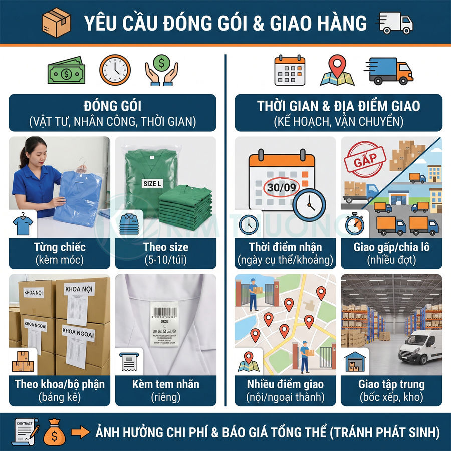 Yêu cầu đóng gói và giao hàng quần áo theo từng chiếc, size, khoa phòng, thời gian và địa điểm nhận hàng