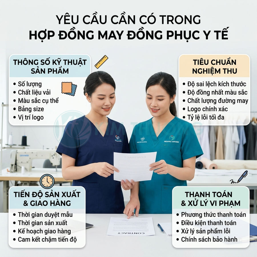 Hai nữ nhân viên mặc đồng phục y tế màu xanh đang xem hợp đồng may đồng phục trong xưởng may