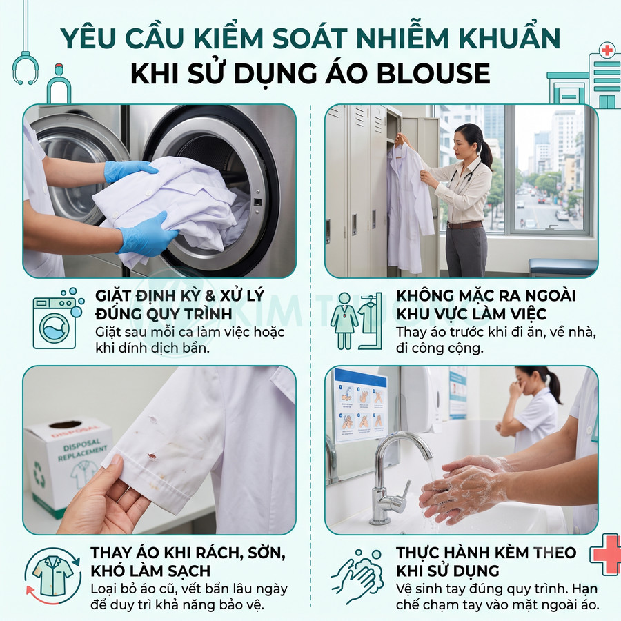 Hướng dẫn kiểm soát nhiễm khuẩn khi sử dụng áo blouse y tế, giặt đúng quy trình và thay áo khi bẩn rách
