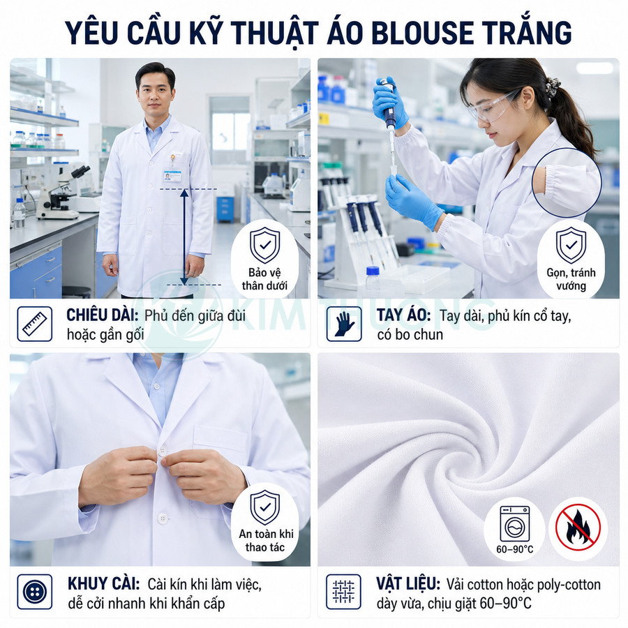 Áo blouse trắng phòng thí nghiệm tay dài bo chun, cài khuy kín, vải cotton dày vừa bảo vệ cơ thể khi làm việc