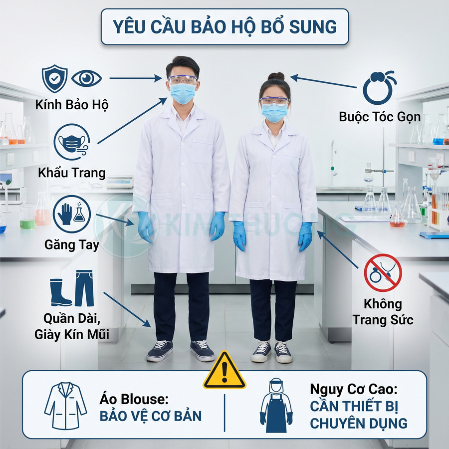 Hai nhân viên phòng thí nghiệm mặc áo blouse, kính bảo hộ, khẩu trang và găng tay, kèm hướng dẫn trang phục bảo hộ bổ sung.