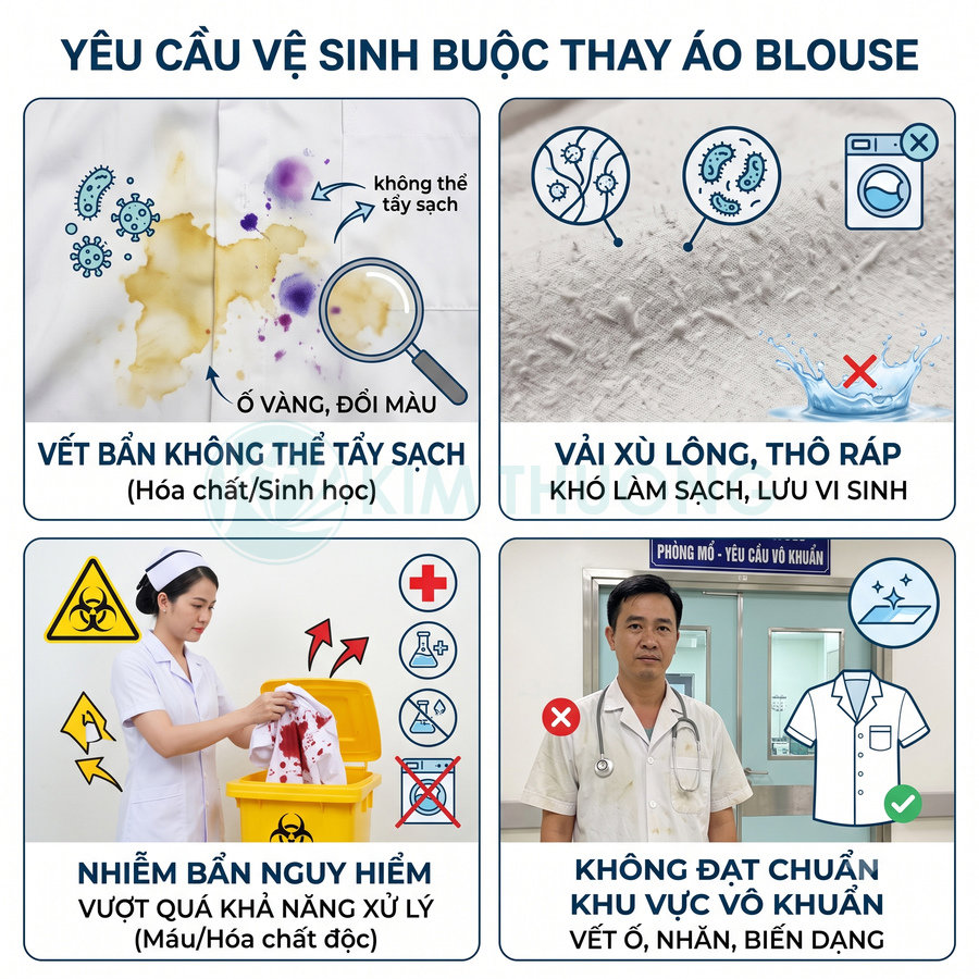 Hướng dẫn thay áo blouse y tế khi áo bẩn, ố vàng, nhiễm bẩn nguy hiểm hoặc không đạt chuẩn vô khuẩn