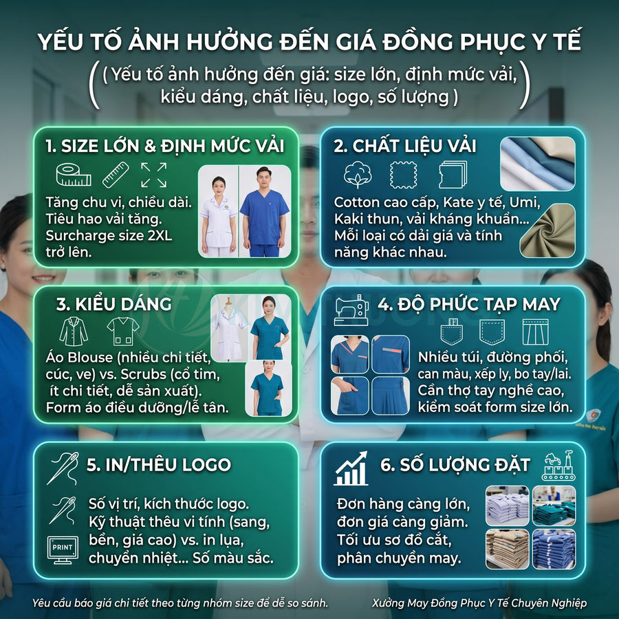 Các yếu tố ảnh hưởng giá đồng phục y tế như size, chất liệu vải, kiểu dáng, độ phức tạp may, in thêu logo, số lượng
