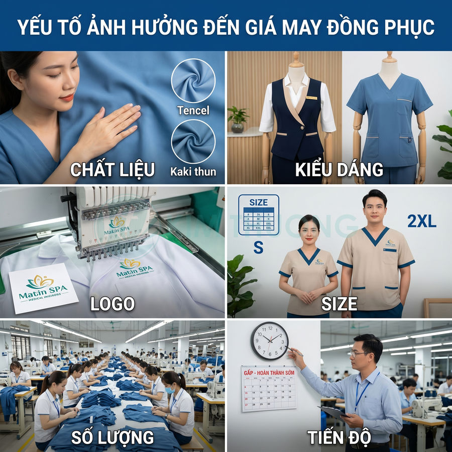 Các yếu tố ảnh hưởng đến giá may đồng phục spa y tế Matin SPA như chất liệu kiểu dáng size số lượng tiến độ