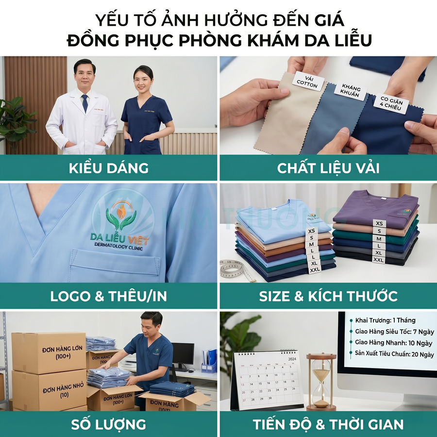 Các yếu tố ảnh hưởng đến giá đồng phục phòng khám da liễu như kiểu dáng, chất liệu, size, số lượng
