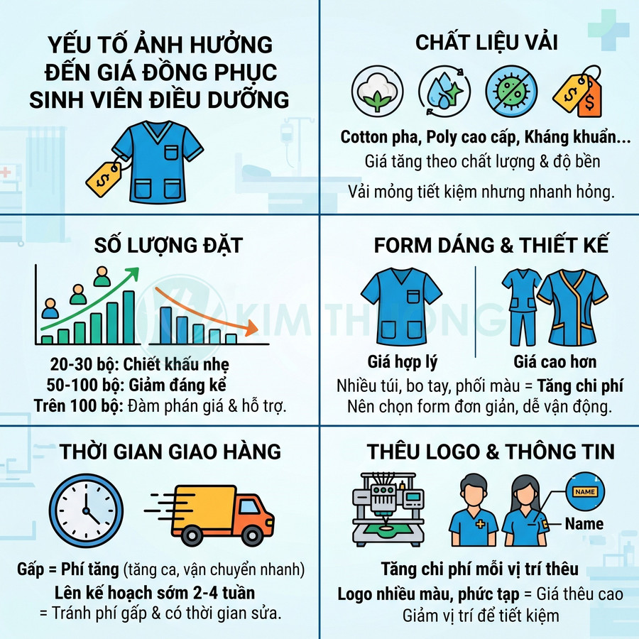 Infographic các yếu tố ảnh hưởng đến giá đồng phục sinh viên điều dưỡng như chất liệu, số lượng, thiết kế, giao hàng, thêu logo