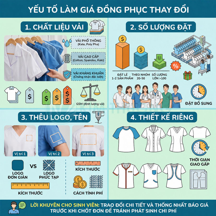 Infographic các yếu tố ảnh hưởng giá may đồng phục y tế, điều dưỡng với chất liệu, số lượng, thêu logo và thiết kế riêng