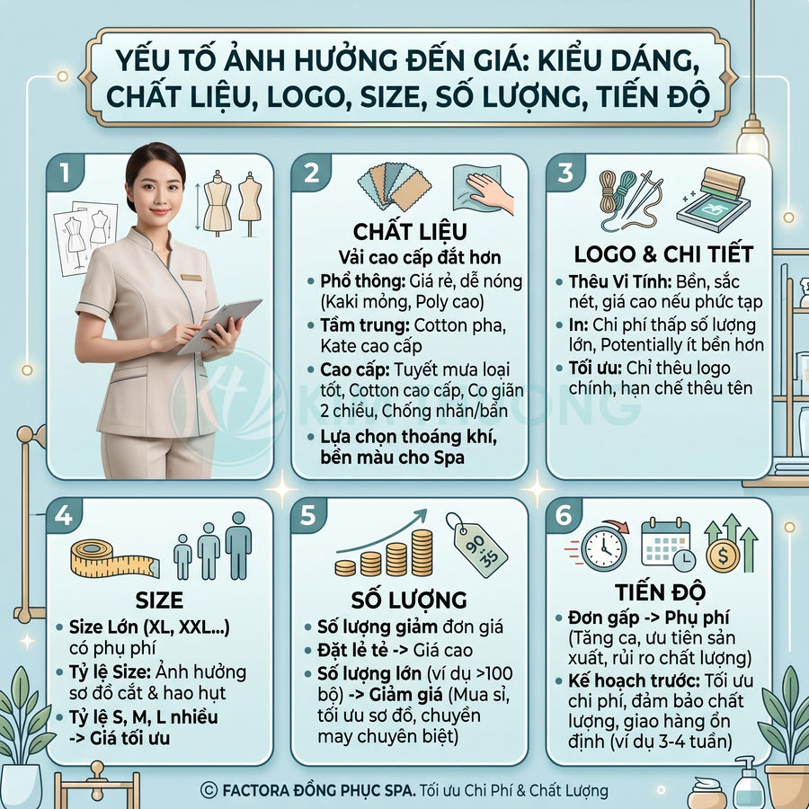 Infographic các yếu tố ảnh hưởng đến giá đồng phục spa nữ cao cấp của Factora Đồng Phục Spa