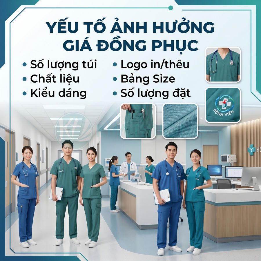Đồng phục y tá bác sĩ màu xanh trong bệnh viện hiện đại với nhiều kiểu dáng và chi tiết túi, logo in thêu